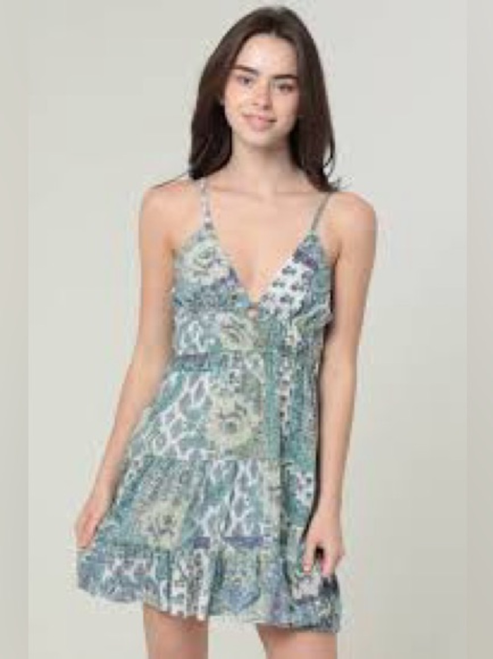 Angie Paisley Knot-Front Mini Dress in Teal, Lavender & Cream